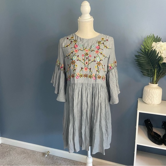 Umgee Floral Embroidered Dress in Cool Gray - Picture 1 of 8